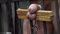 video cbt testicle with testicle pillory tied up in the cage whipped d in the cell slave interrogation torment torment sex
