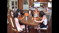 video young babysitter with funny pigtails gets to a party in a country house and participates in group sex sex